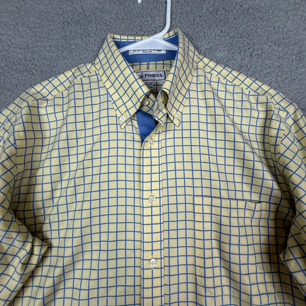 Paul Fredrick Mens Slim Fit Yellow Blue Check Plaid Long Sleeve Shirt‎ 15.5-32